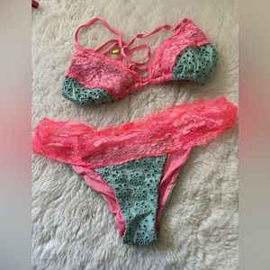 Beach bunny neon pink and blue lace bikini